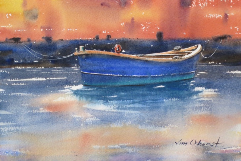 seascape, boat, rowboat, pier, dock, harbor, original watercolor painting, oberst